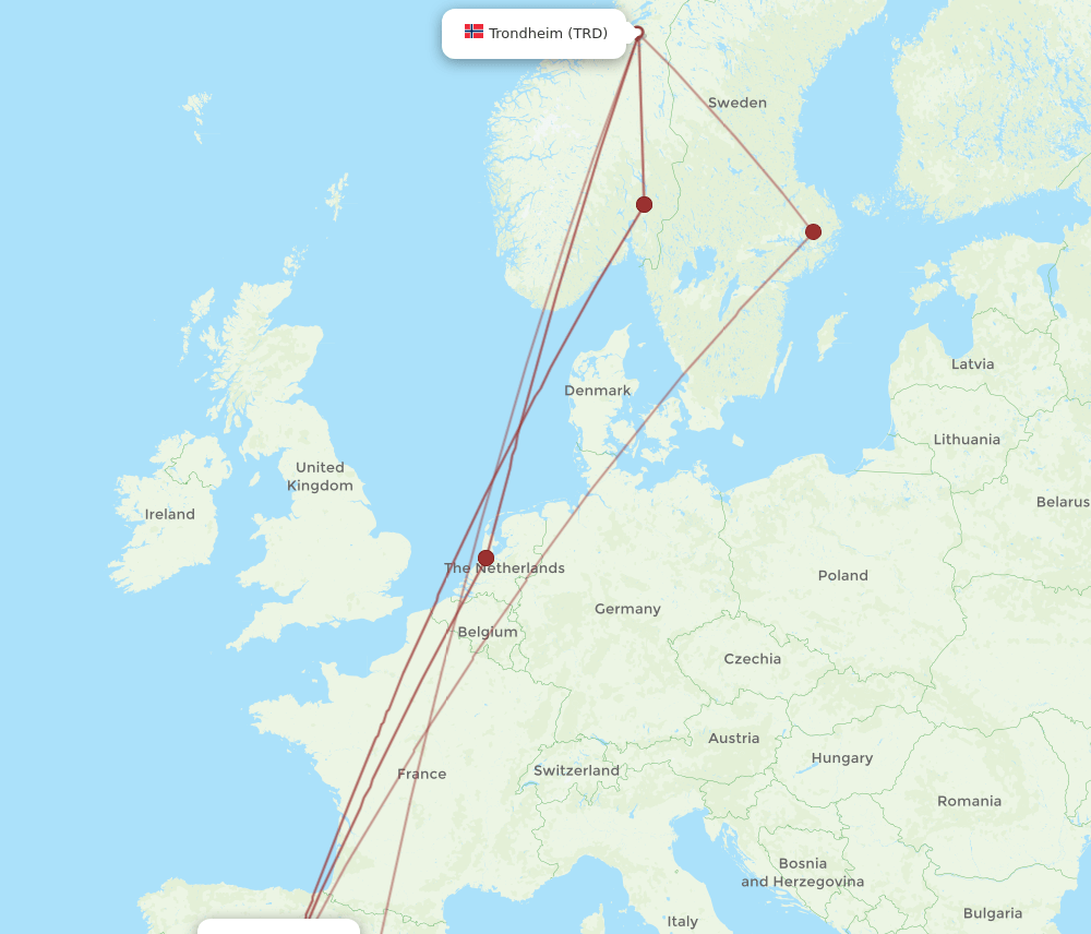 TRD to MAD flights and routes map