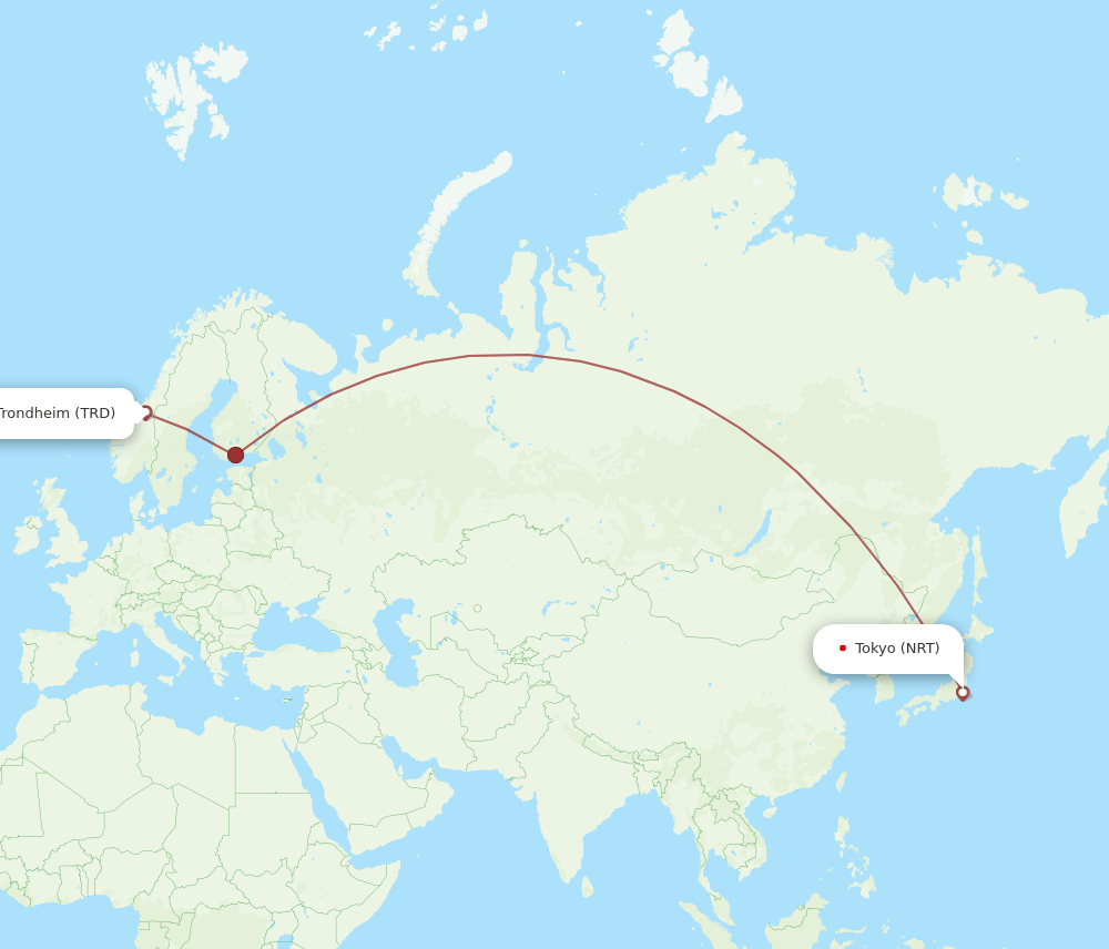 Tokyo - Trondheim route map and flight paths