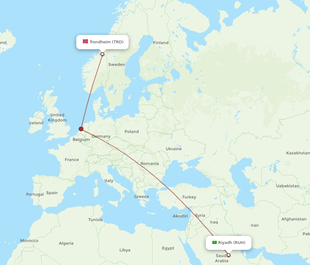 Riyadh - Trondheim route map and flight paths