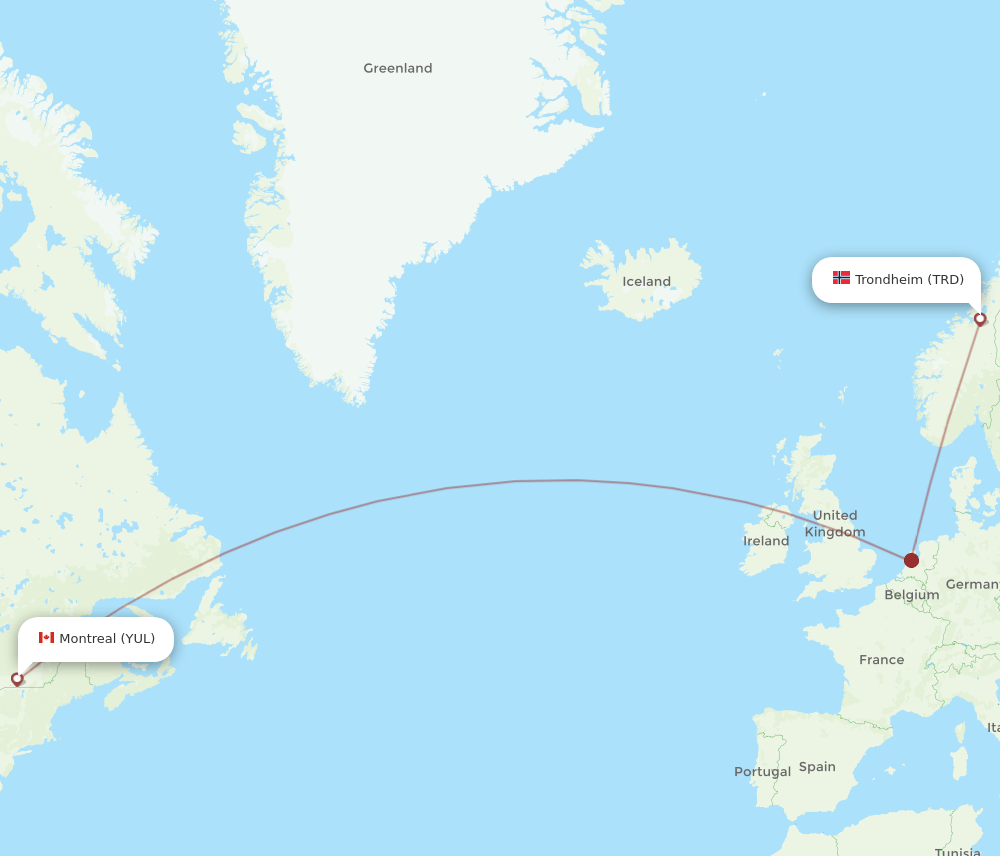TRD to YUL flights and routes map