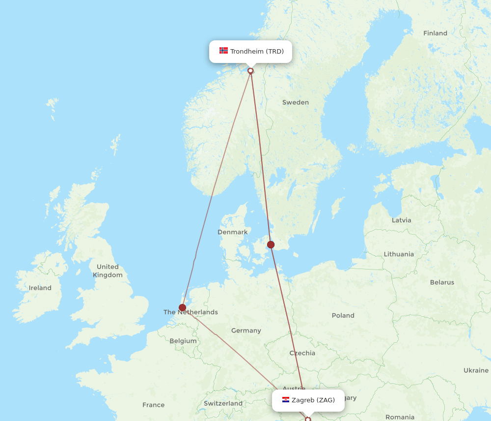 Zagreb - Trondheim route map and flight paths