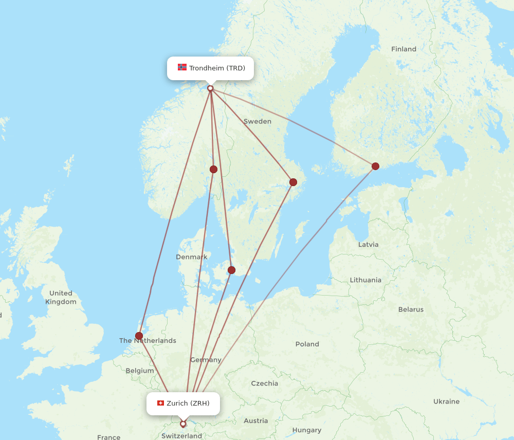 Zurich - Trondheim route map and flight paths