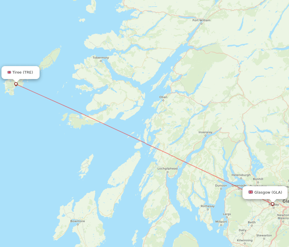 Tiree, Inner Hebrides - Glasgow route map and flight paths