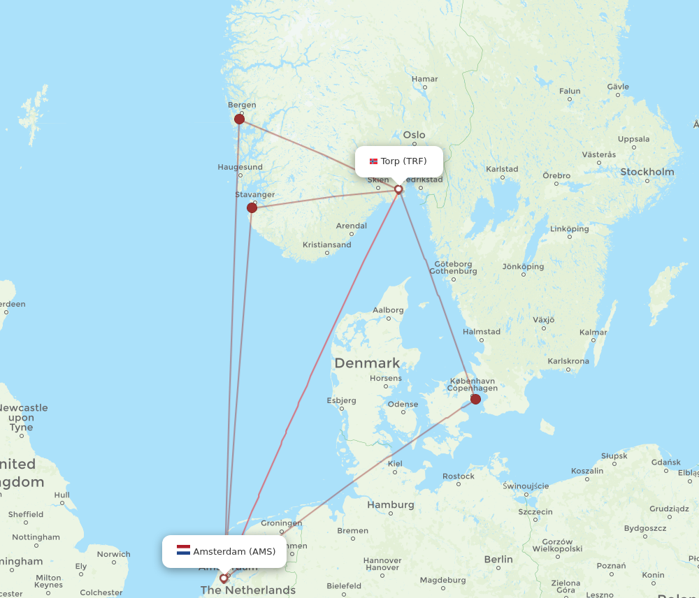 TRF to AMS flights and routes map