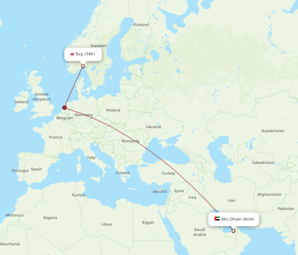 Abu Dhabi - Sandefjord route map and flight paths