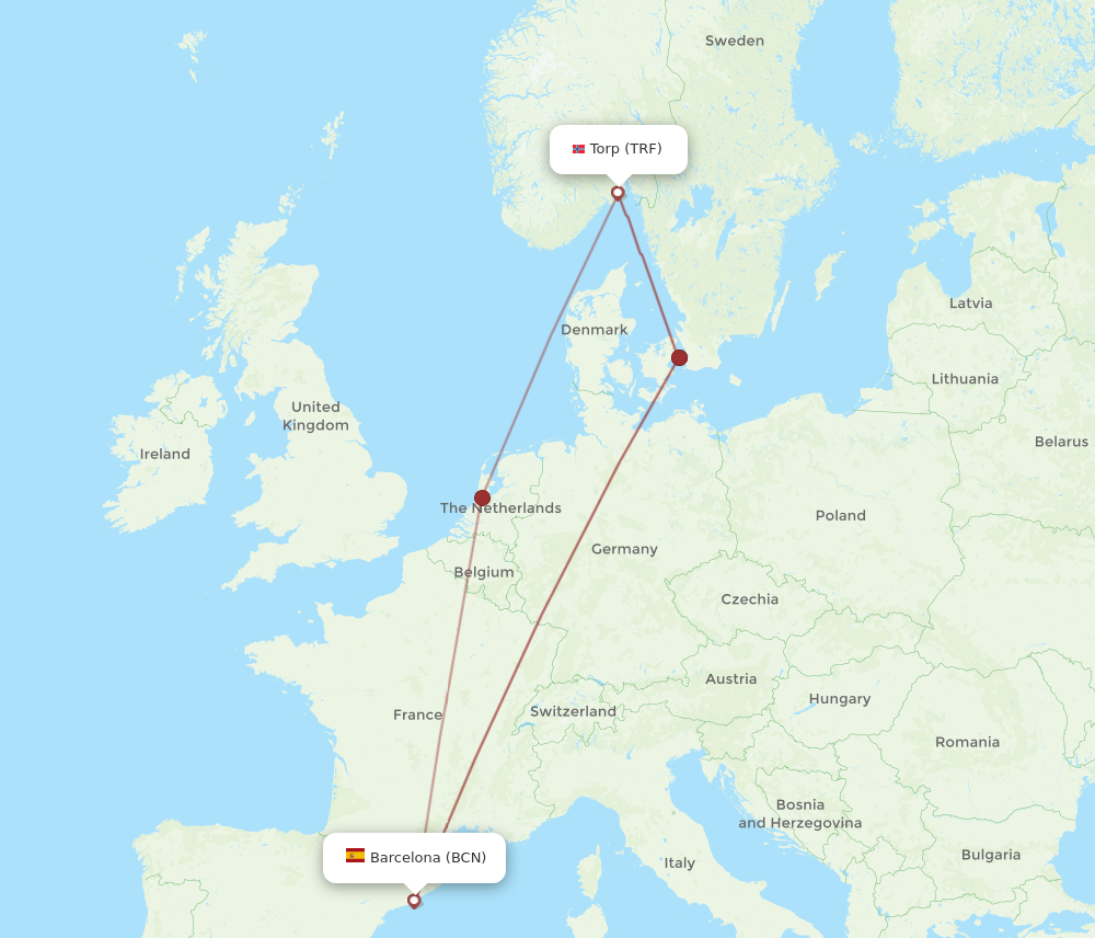 TRF to BCN flights and routes map