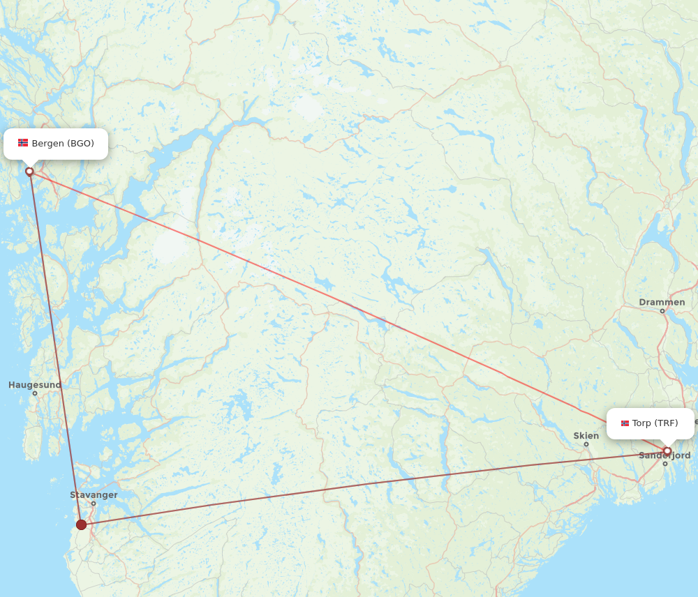TRF to BGO flights and routes map