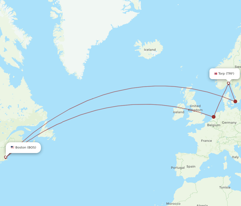TRF-BOS flight routes