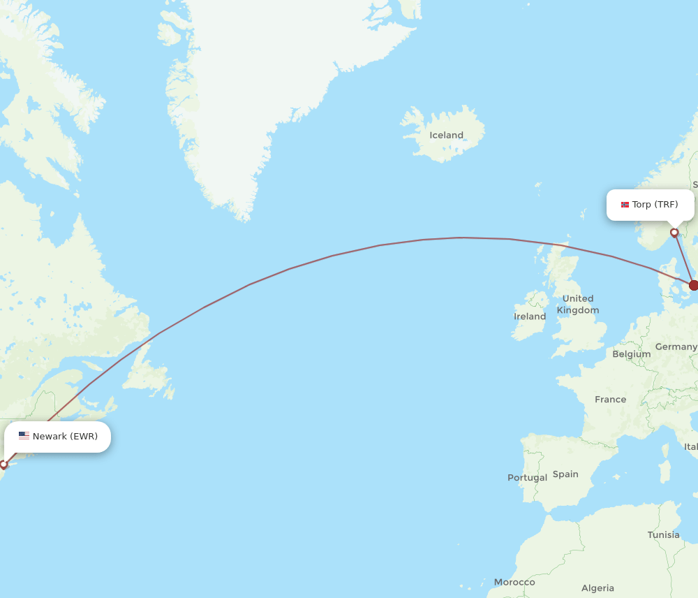 Sandefjord - New York route map and flight paths