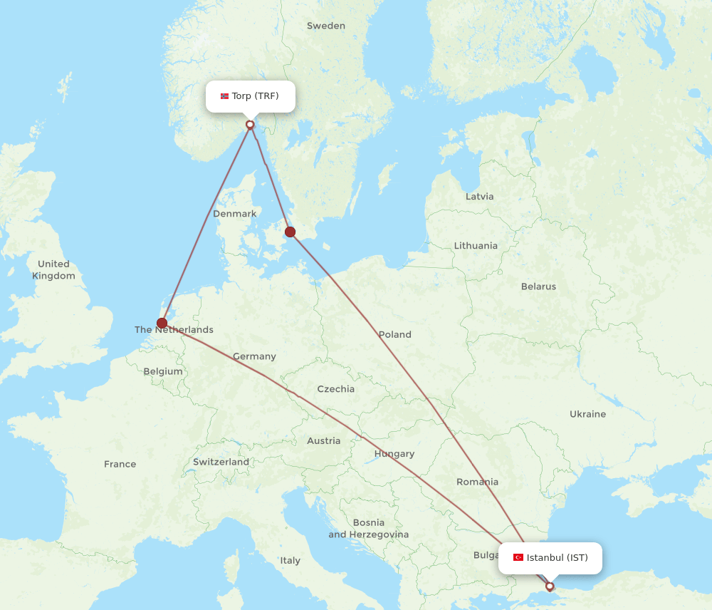 TRF to IST flights and routes map