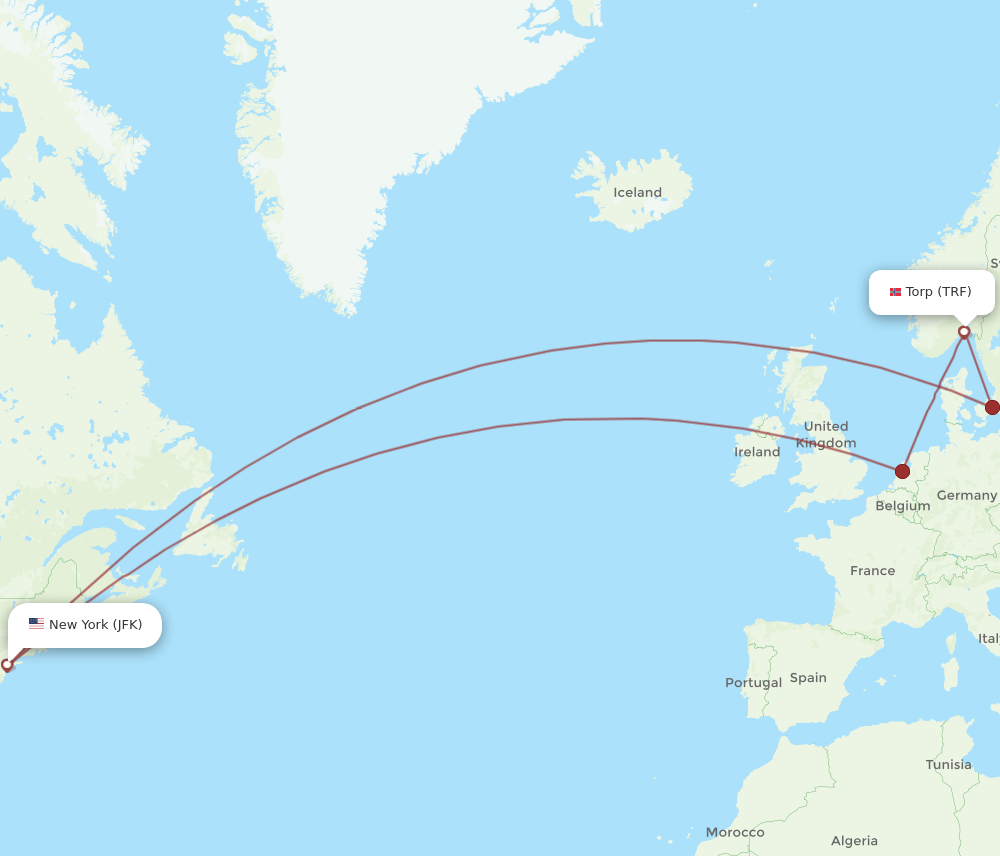 TRF-JFK flight routes