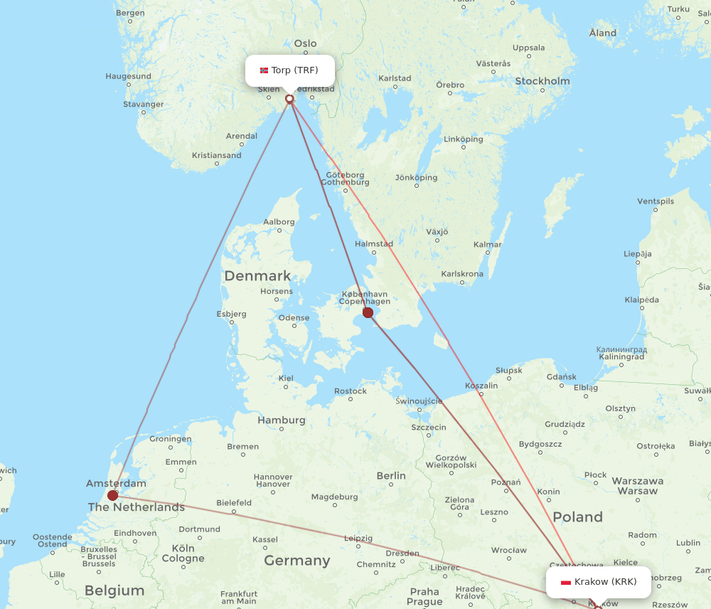 Sandefjord - Krakow route map and flight paths