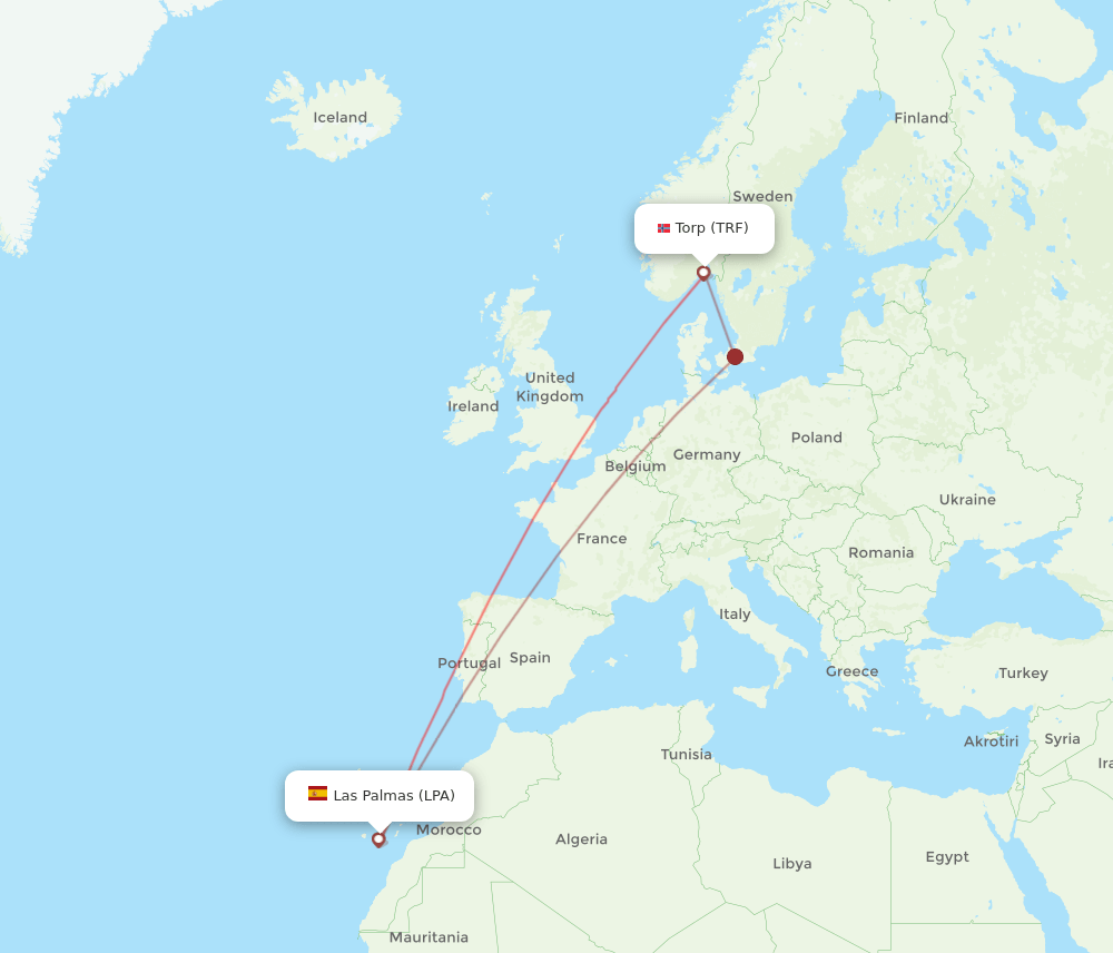 Sandefjord - Las Palmas route map and flight paths