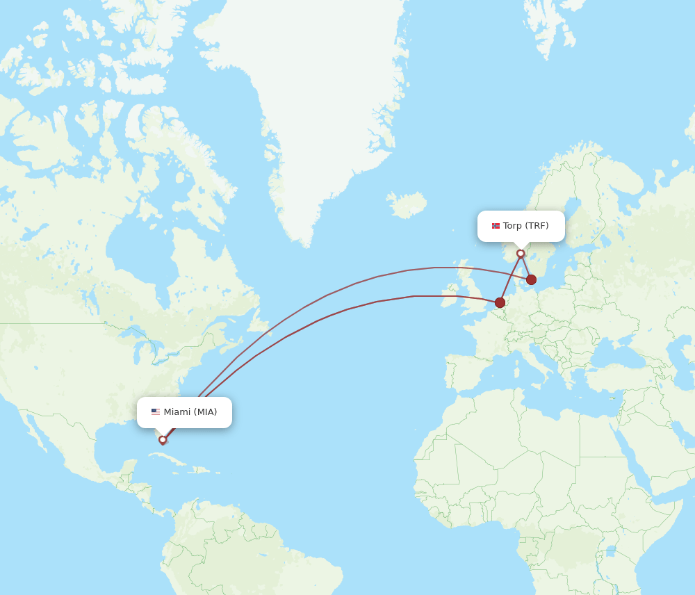 Sandefjord - Miami route map and flight paths