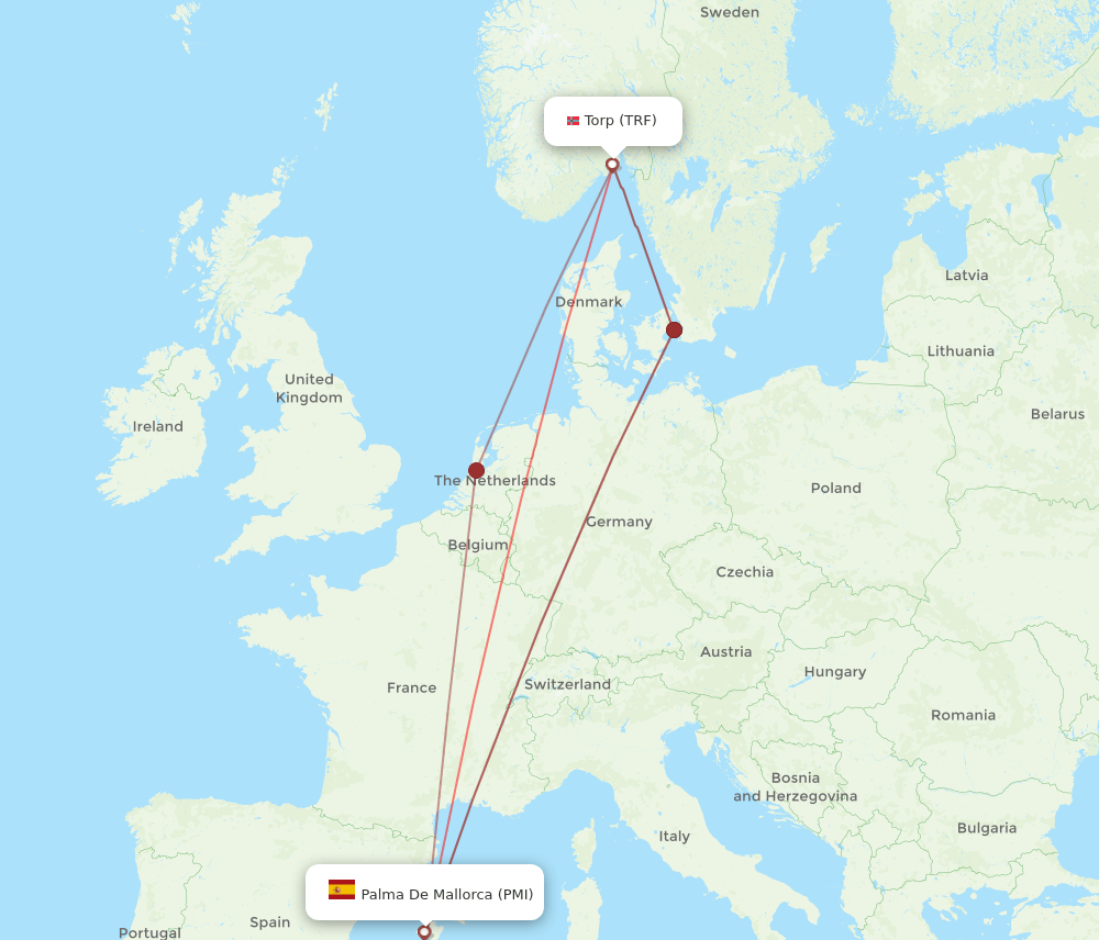 TRF to PMI flights and routes map