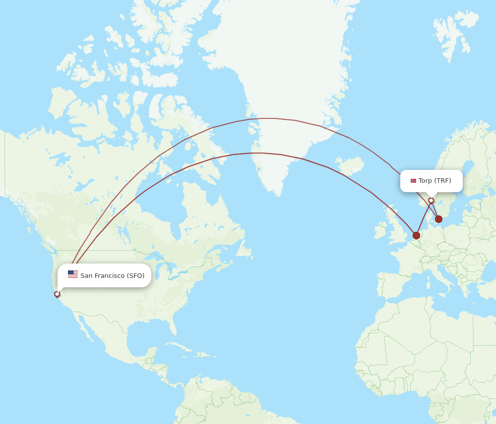 TRF to SFO flights and routes map