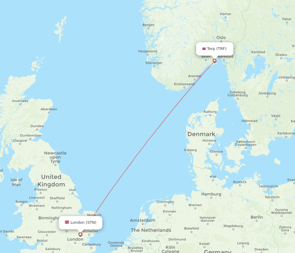 TRF to STN flights and routes map