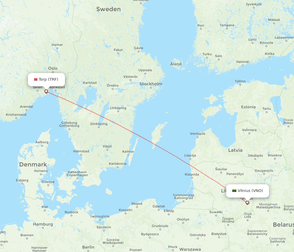 TRF to VNO flights and routes map