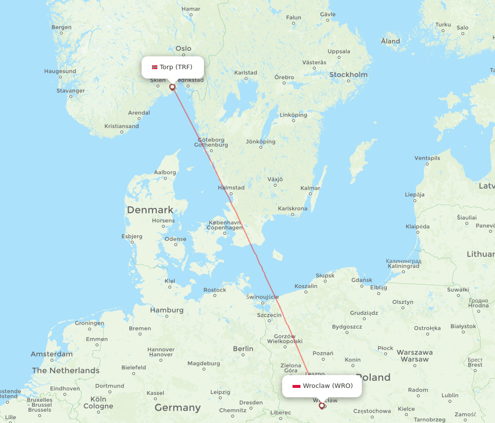 TRF to WRO flights and routes map