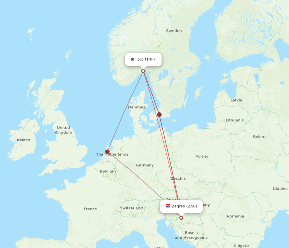 TRF to ZAG flights and routes map
