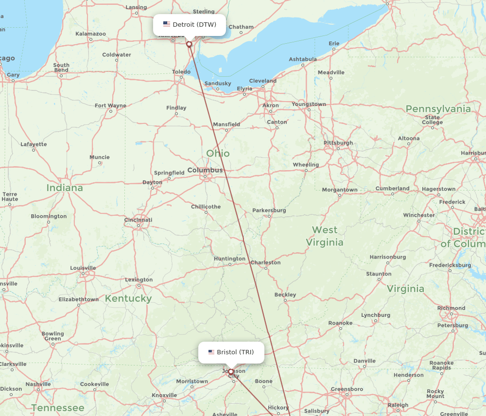 TRI-DTW flight routes