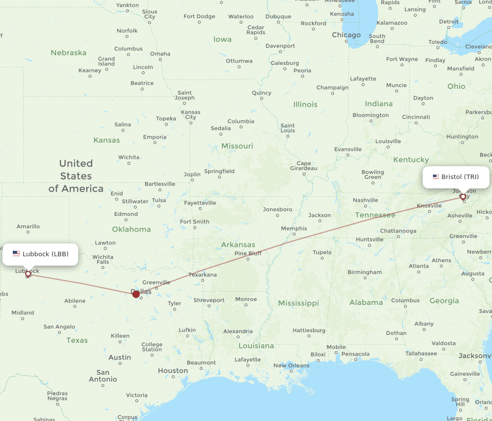 TRI to LBB flights and routes map
