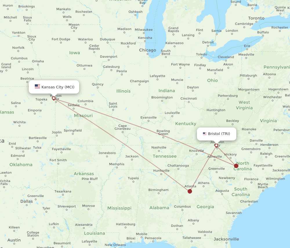 TRI to MCI flights and routes map