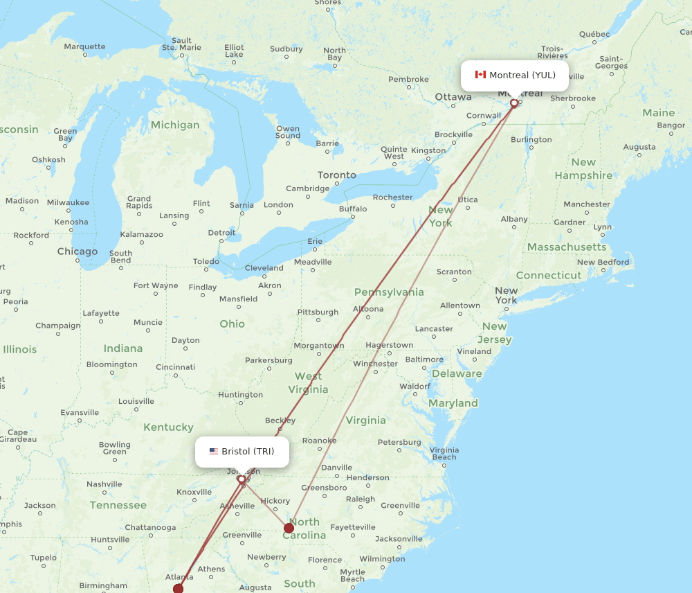 Montreal - Bristol, VA/Johnson City/Kingsport route map and flight paths