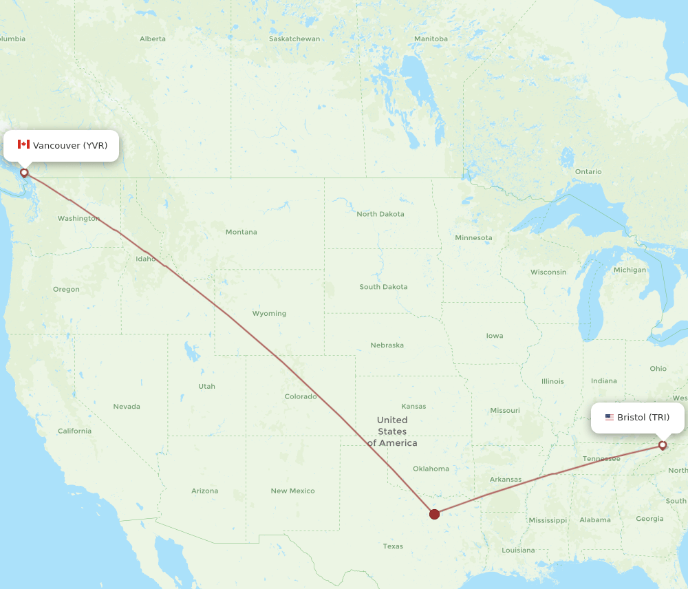 Vancouver - Bristol, VA/Johnson City/Kingsport route map and flight paths