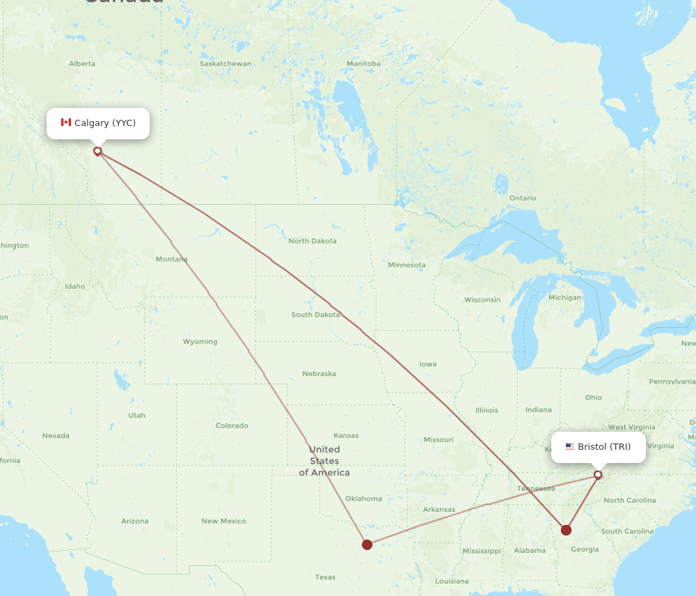 Calgary - Bristol, VA/Johnson City/Kingsport route map and flight paths