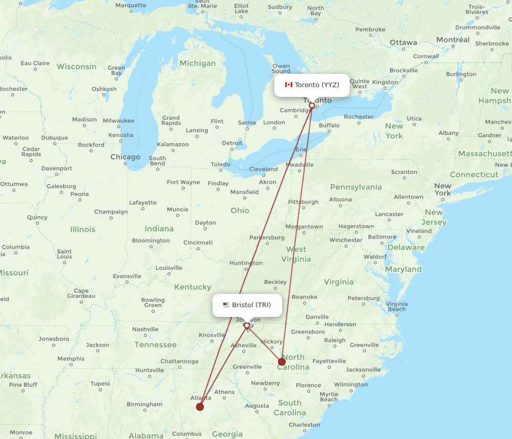 Toronto - Bristol, VA/Johnson City/Kingsport route map and flight paths