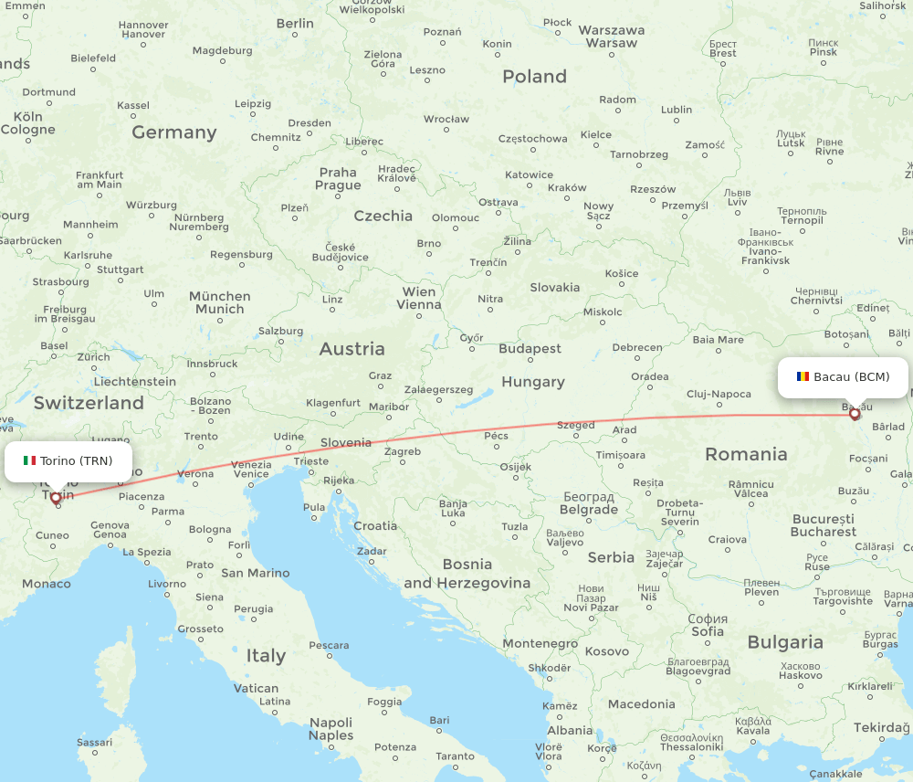 Turin - Bacau route map and flight paths