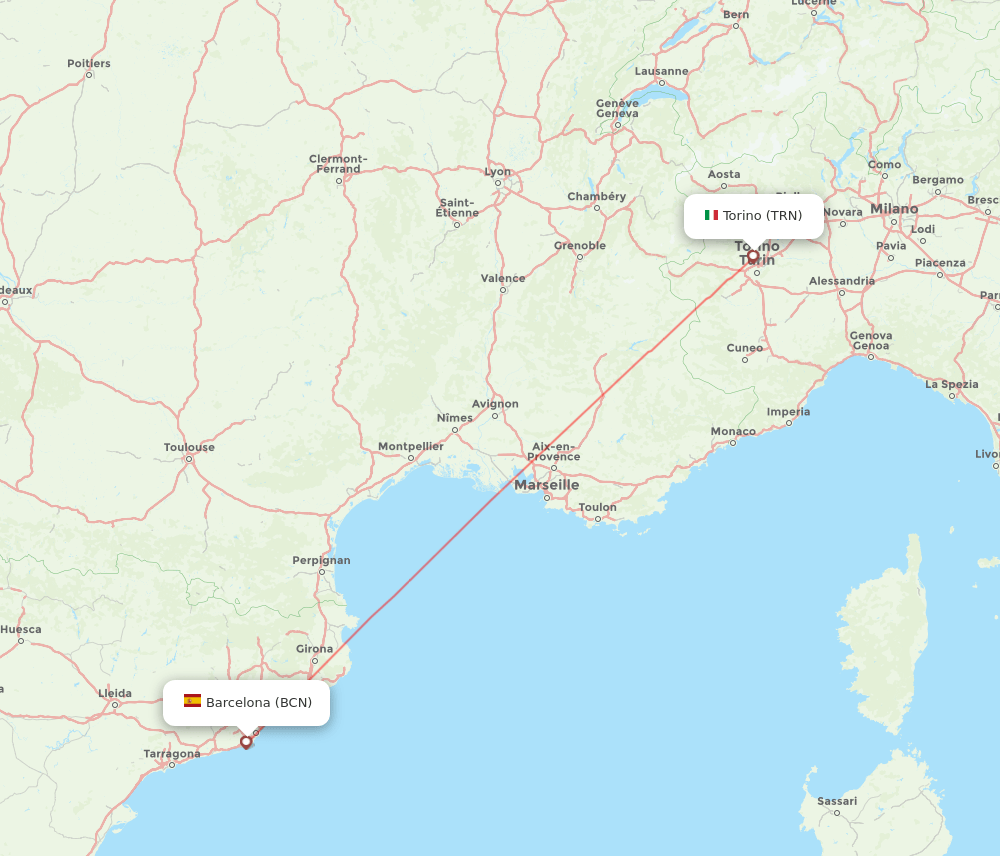 Turin - Barcelona route map and flight paths