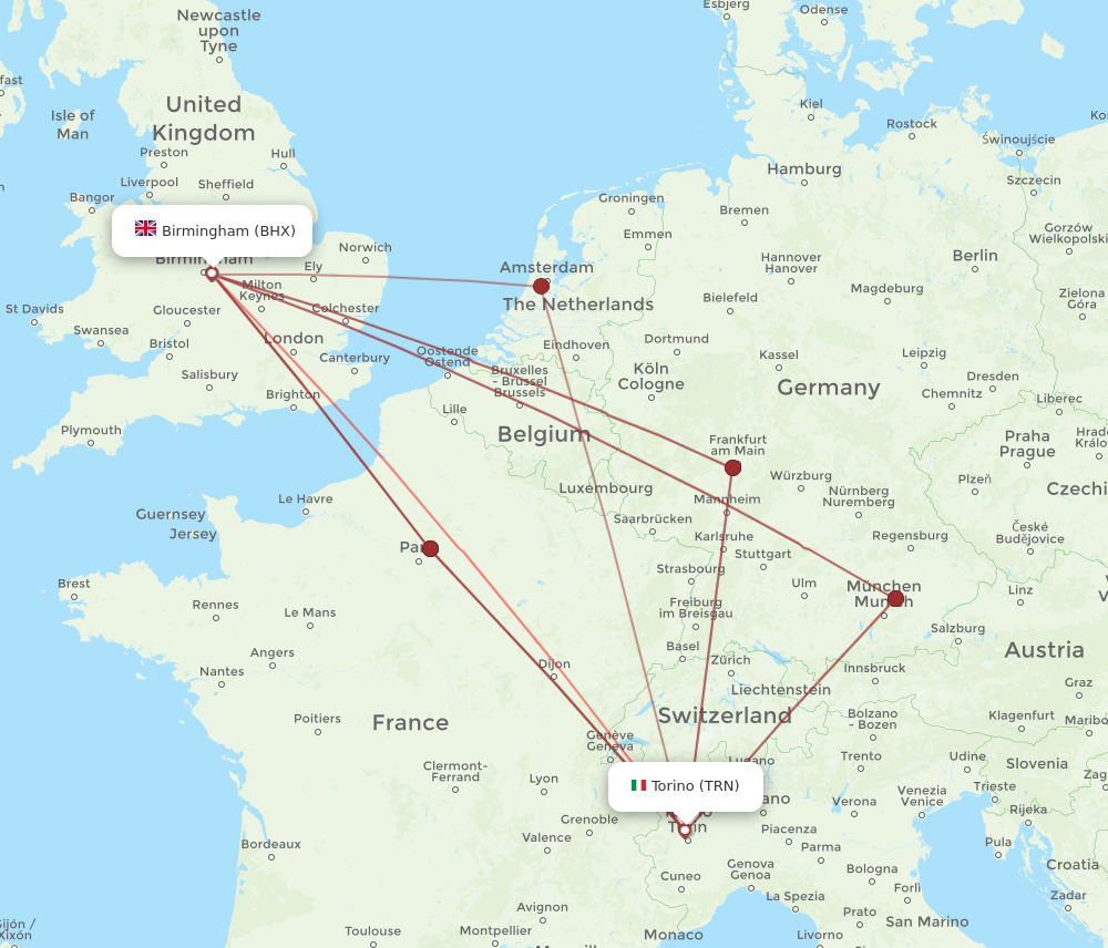 TRN to BHX flights and routes map