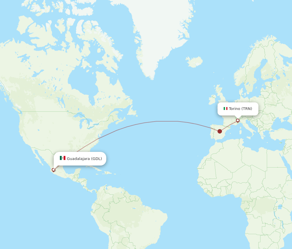 Turin - Guadalajara route map and flight paths