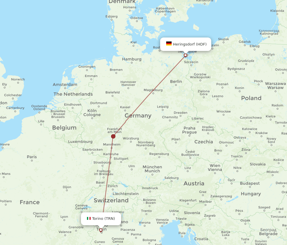 Turin - Heringsdorf route map and flight paths