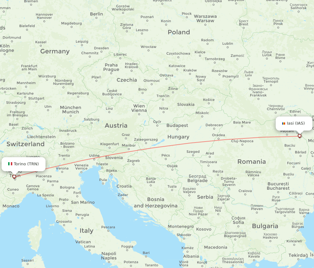 Turin - Iasi route map and flight paths