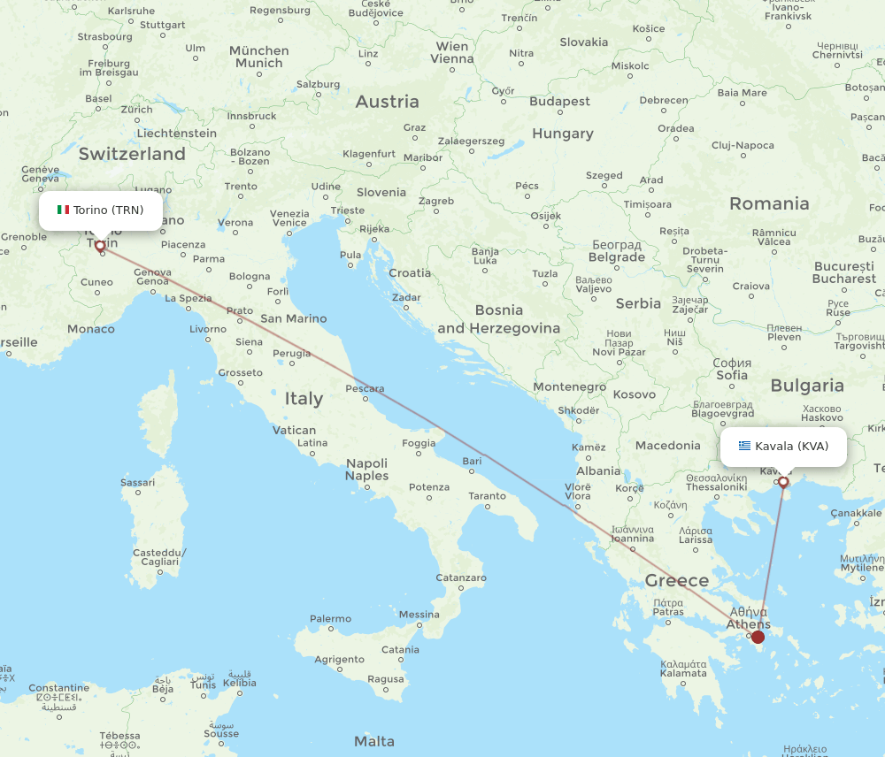 Kavala - Turin route map and flight paths