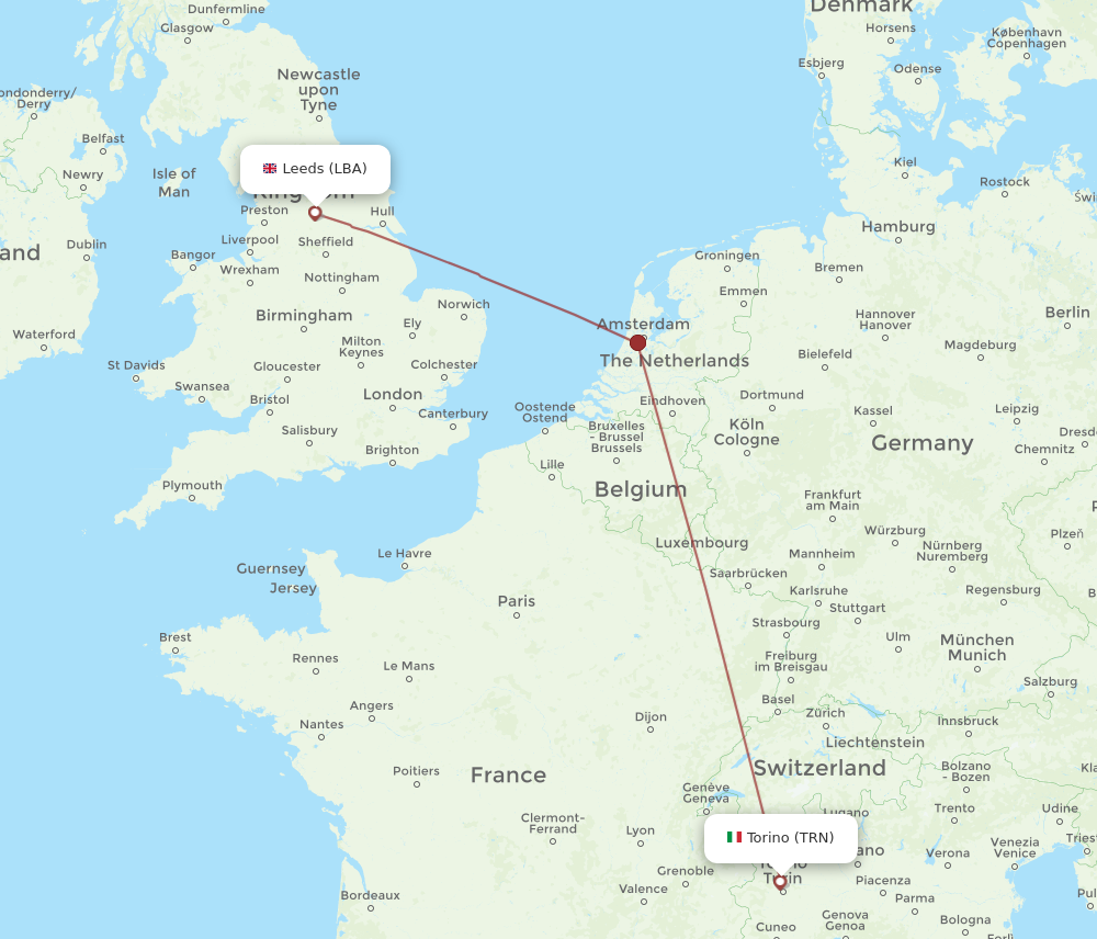 TRN to LBA flights and routes map