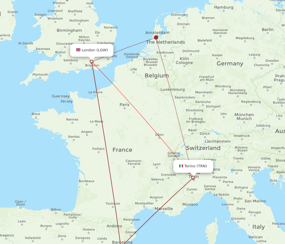 TRN to LGW flights and routes map