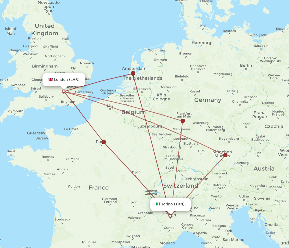 TRN to LHR flights and routes map