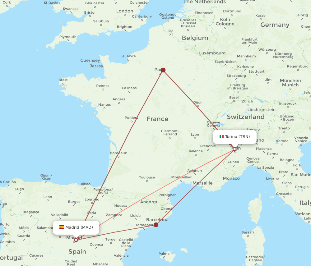 TRN-MAD flight routes