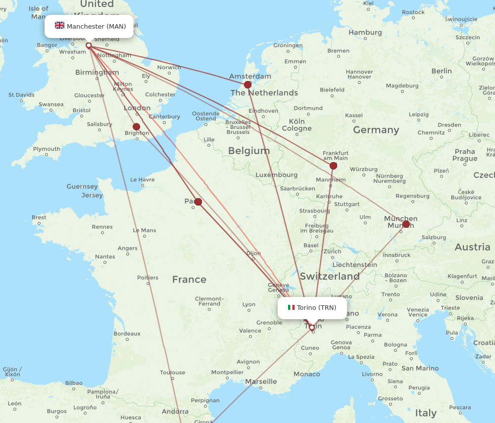 TRN to MAN flights and routes map