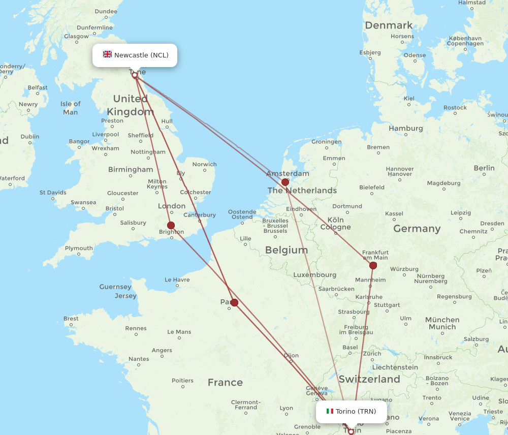 TRN to NCL flights and routes map