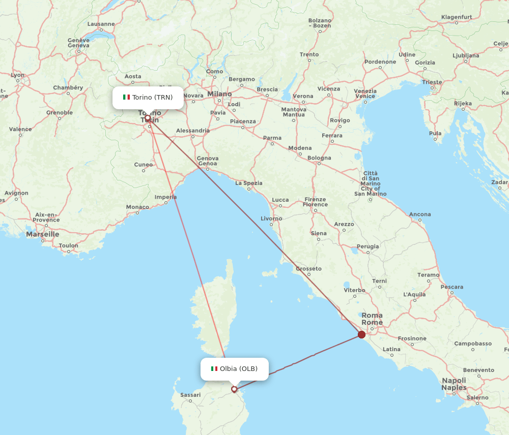 Turin - Olbia route map and flight paths