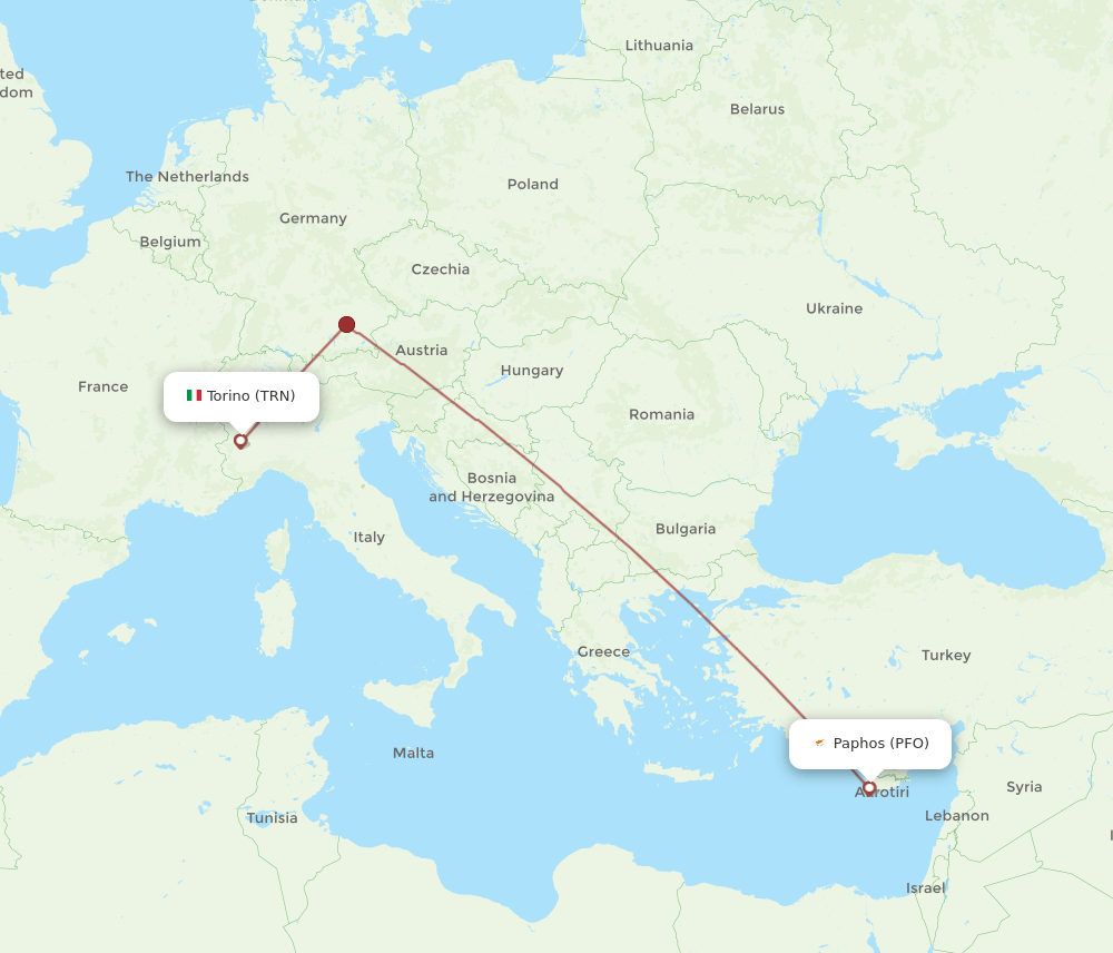 Paphos - Turin route map and flight paths