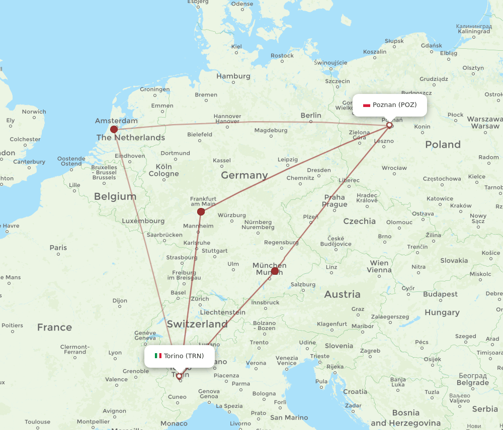 TRN to POZ flights and routes map