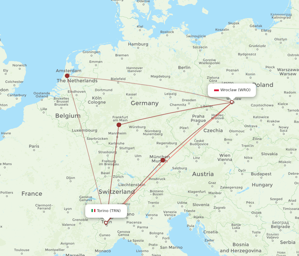 TRN to WRO flights and routes map