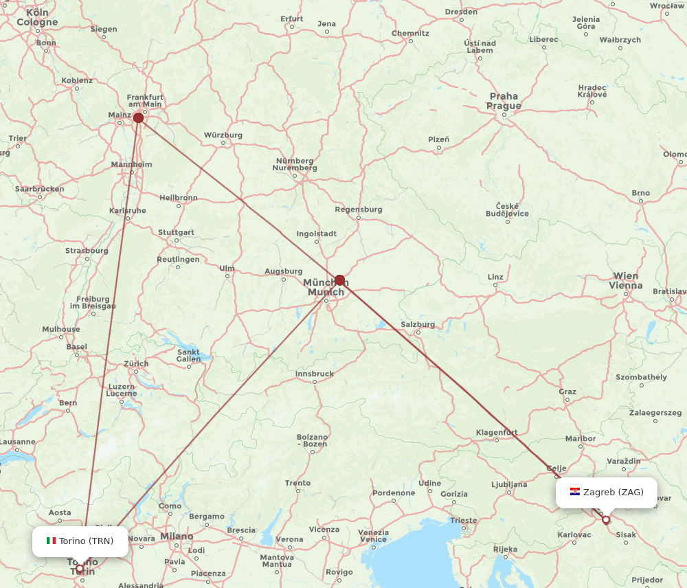 Zagreb - Turin route map and flight paths