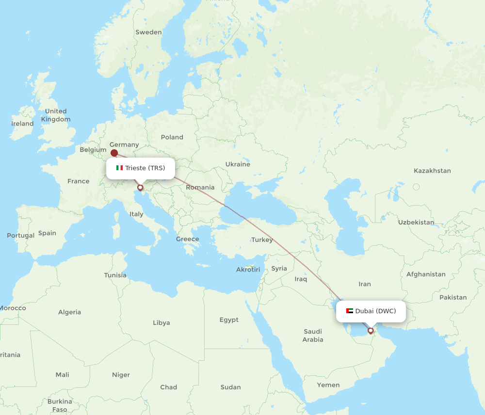 Trieste - Dubai route map and flight paths